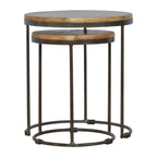 Round Stool Table With Iron Base (Set of 2) - Brown / Black
