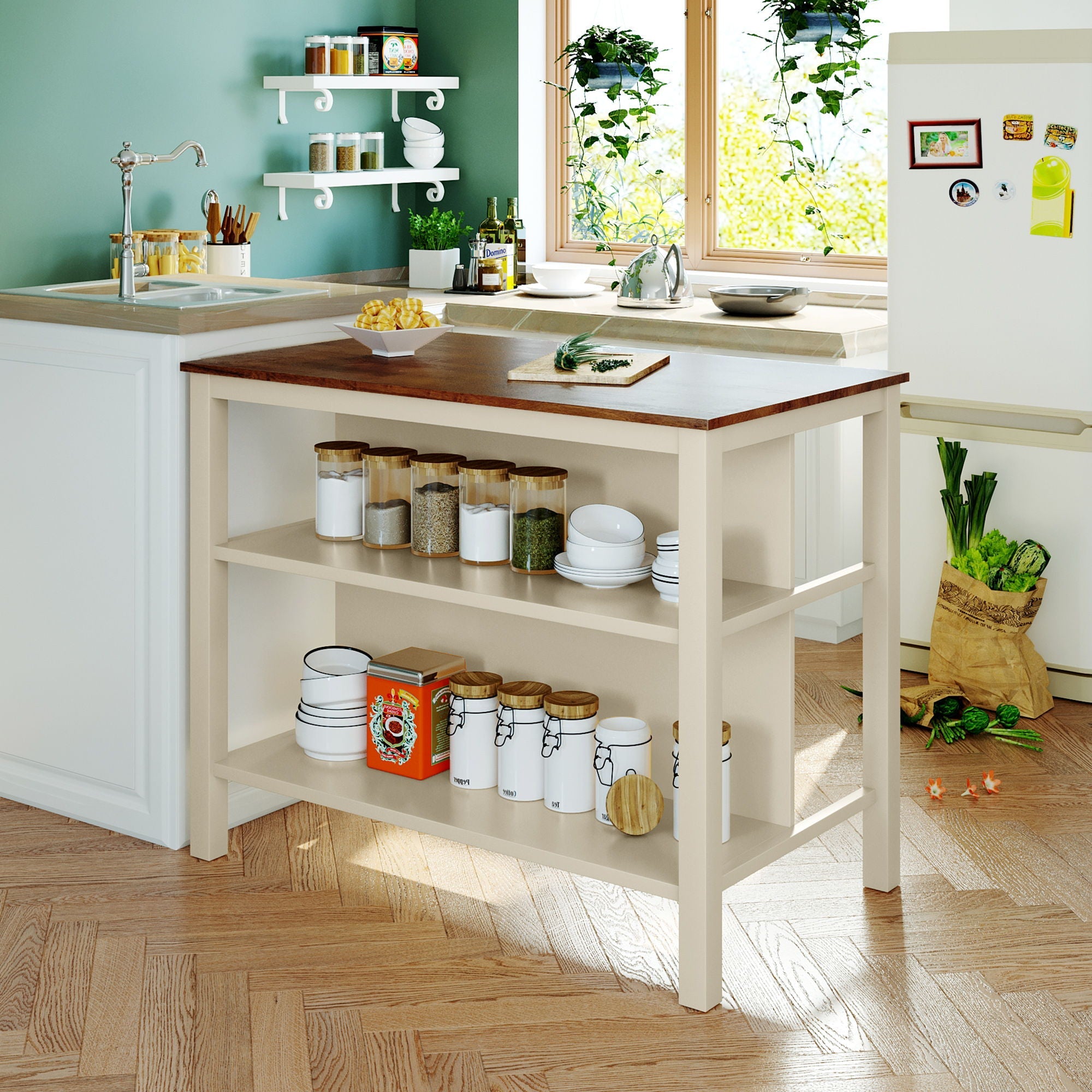 Rustic 3 Piece Stationary Kitchen Island Set With 2 Seatings, With 2 Open Shelves