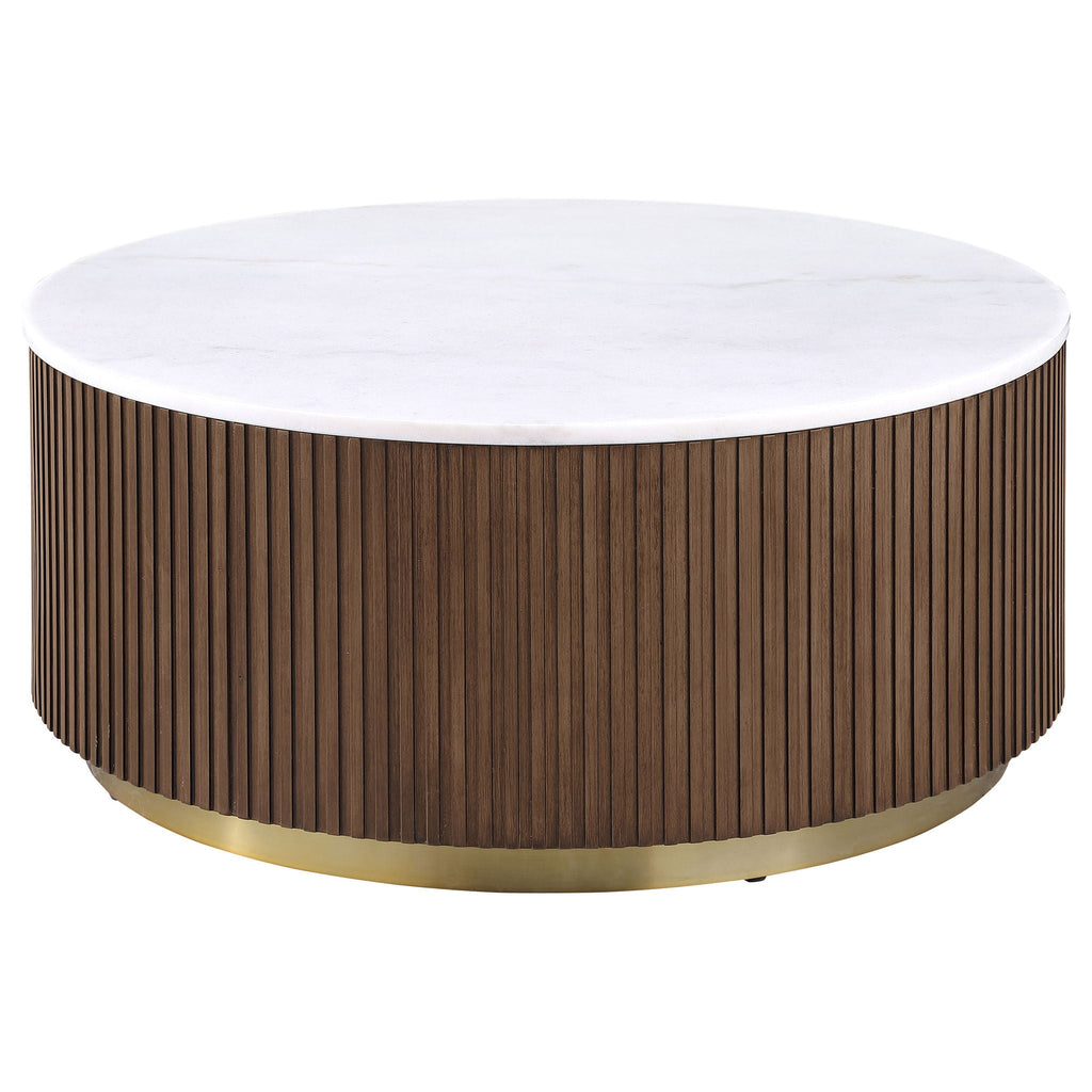 Jason 2-piece Round White Marble Coffee Table Set Honey Brown