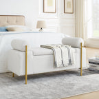 Elegant Upholstered Storage Bench With Cylindrical Arms And Iron Legs,