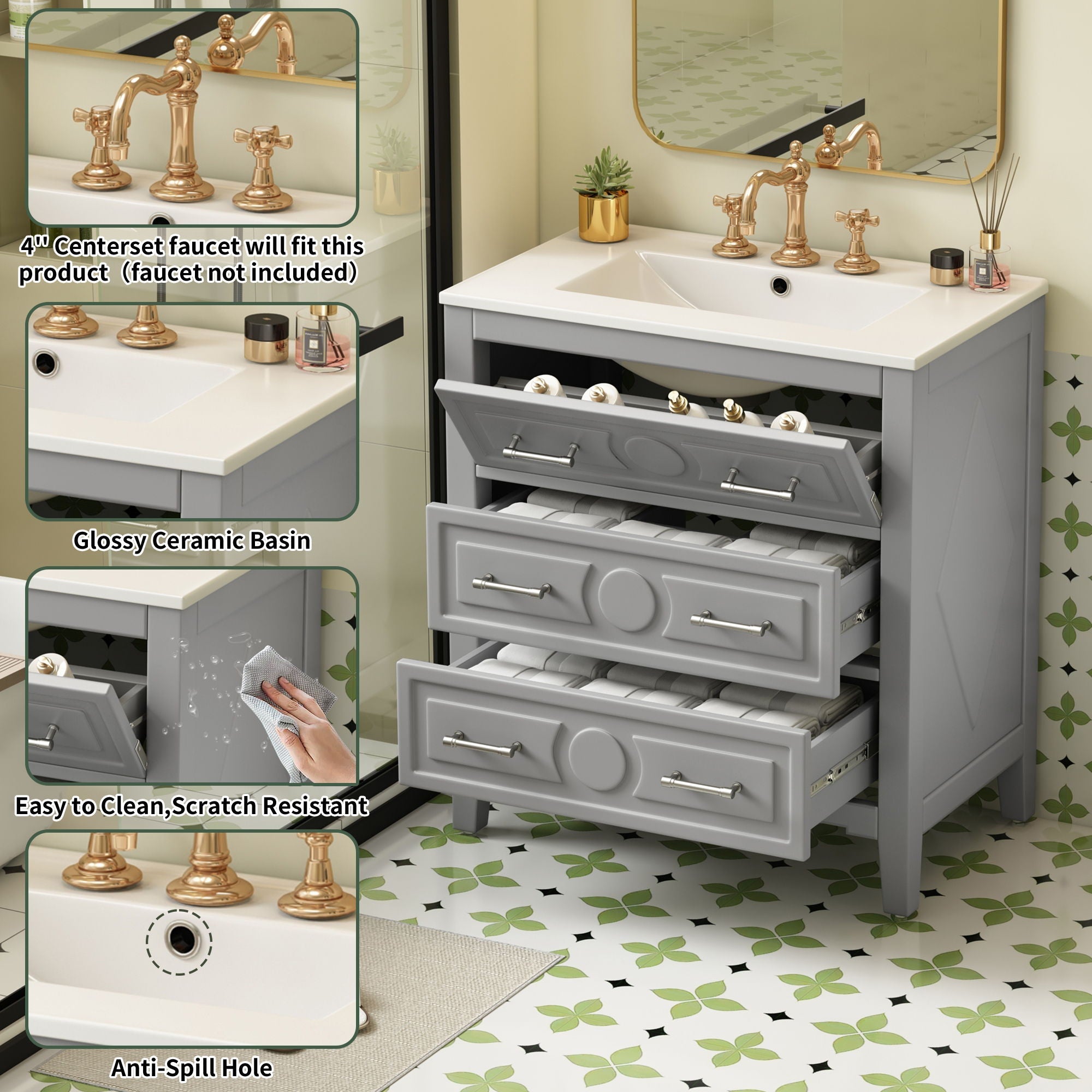 Retro Bathroom Vanity With Sink Combo, Free Standing Single Set With 3 Drawers