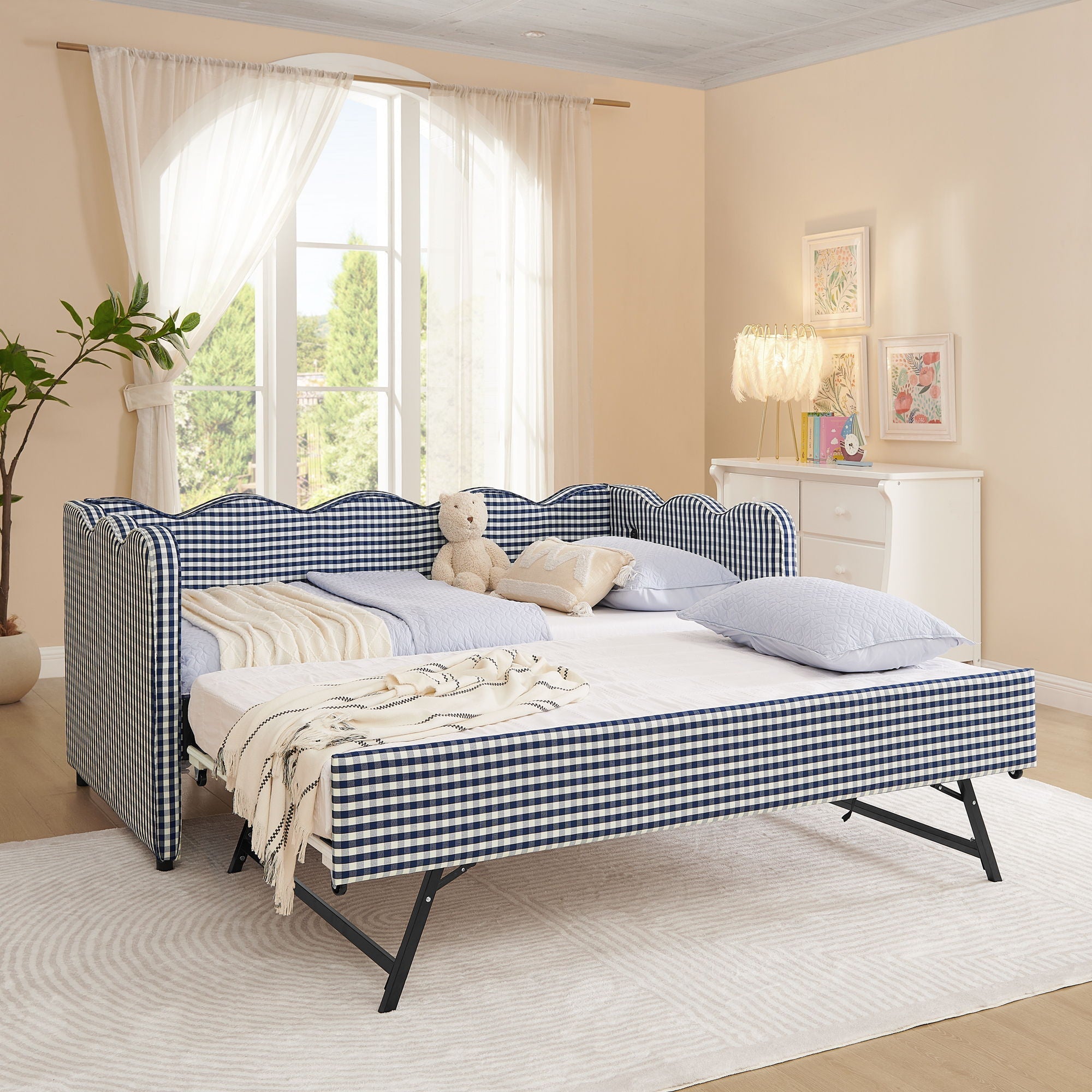 Gingham Daybed With USB Charging Port, Wave-Shaped Design