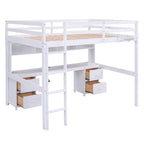 Full Size Loft Bed With Desk, Cabinets, Drawers, Charging Station And Bedside Tray, Sturdy Frame, No Box Spring Required - White