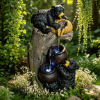 Bear Tree Stump Outdoor Water Fountain With LED Lights - Brown Gray
