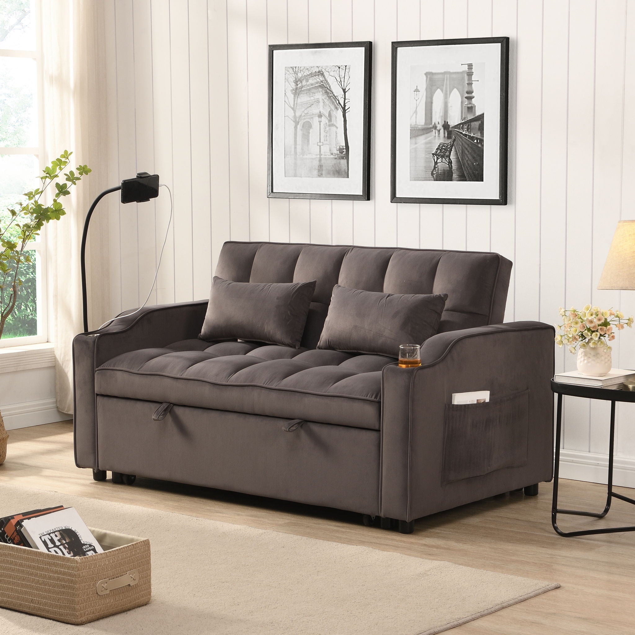 Modern Loveseat Futon Sofa With Pullout Bed, Adjustable Reclining Backrest, Toss Pillows