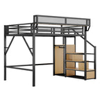 Queen Size Loft Bed & Stairs, Storage Shelves, Wardrobe - Black / Wood