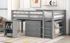 Loft Low Study Bed With Cabinet, Shelves And Rolling Portable Desk, Multiple Functions
