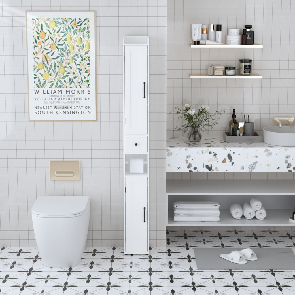 Slim Tall Bathroom Storage Cabinet With Adjustable Shelves, 2 Doors Freestanding Cabinet - White