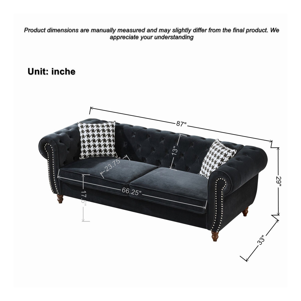 Chesterfield Upholstery Fabric Sofa With Roll Armrest & Nailhead, Mid Century Modern 3 And 3 Seater Couch