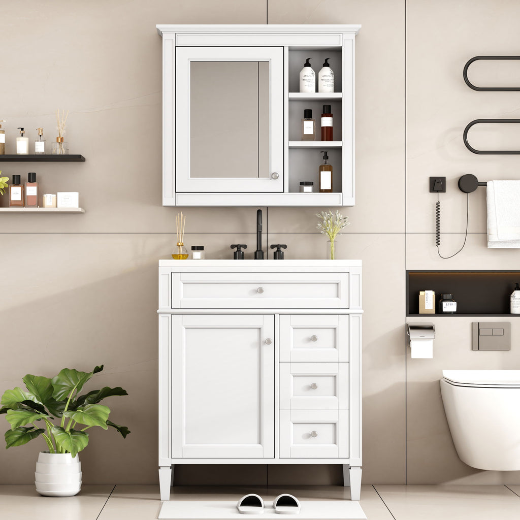 Bathroom Vanity With Top Sink, 2 Doors And 3 Drawers, Freestanding Set With Mirror Cabinet