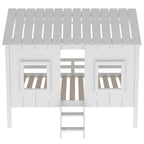 Twin Size Low Loft House Bed With Roof And 2 Front Windows - White