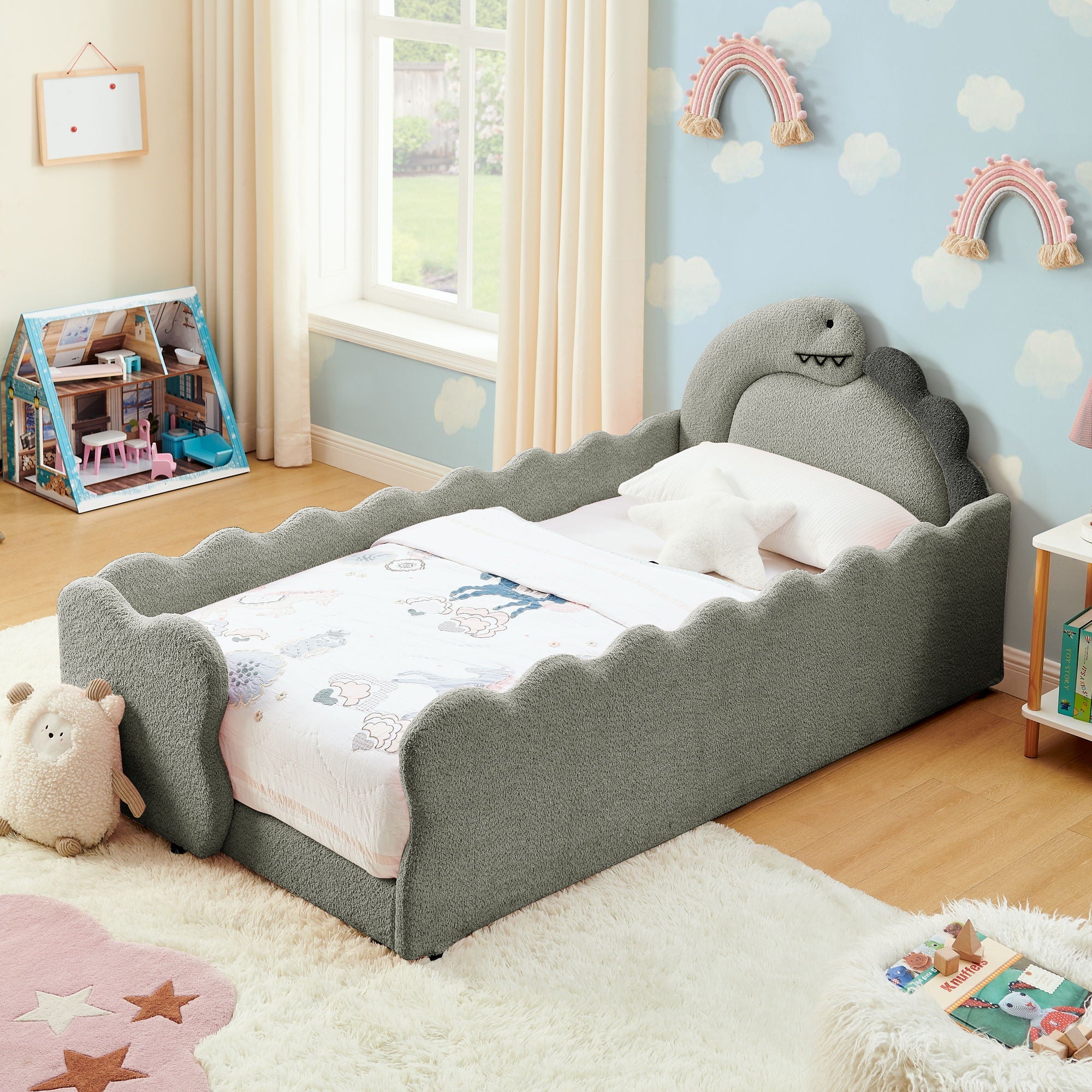 Cute Dinosaur Shaped Bed With Safety Guardrail, Toddler Frame