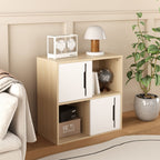 Storage Cabinet With Sliding Doors, 2 Tier Open And Closed Shelves Organizer - Natural / White