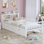 Bed With Headboard Storage Rack, 2 Under Bed Drawers, 3 Side Guardrails For Safety