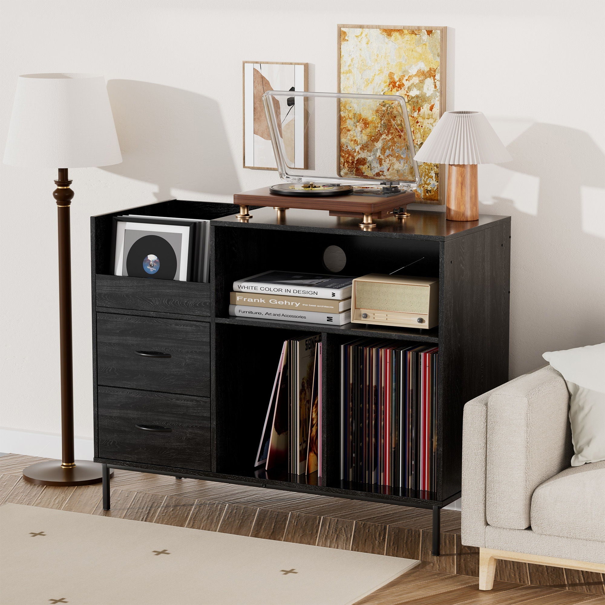 Grain Record Player Stand, Media Console With Speaker Shelf & 2 Drawers