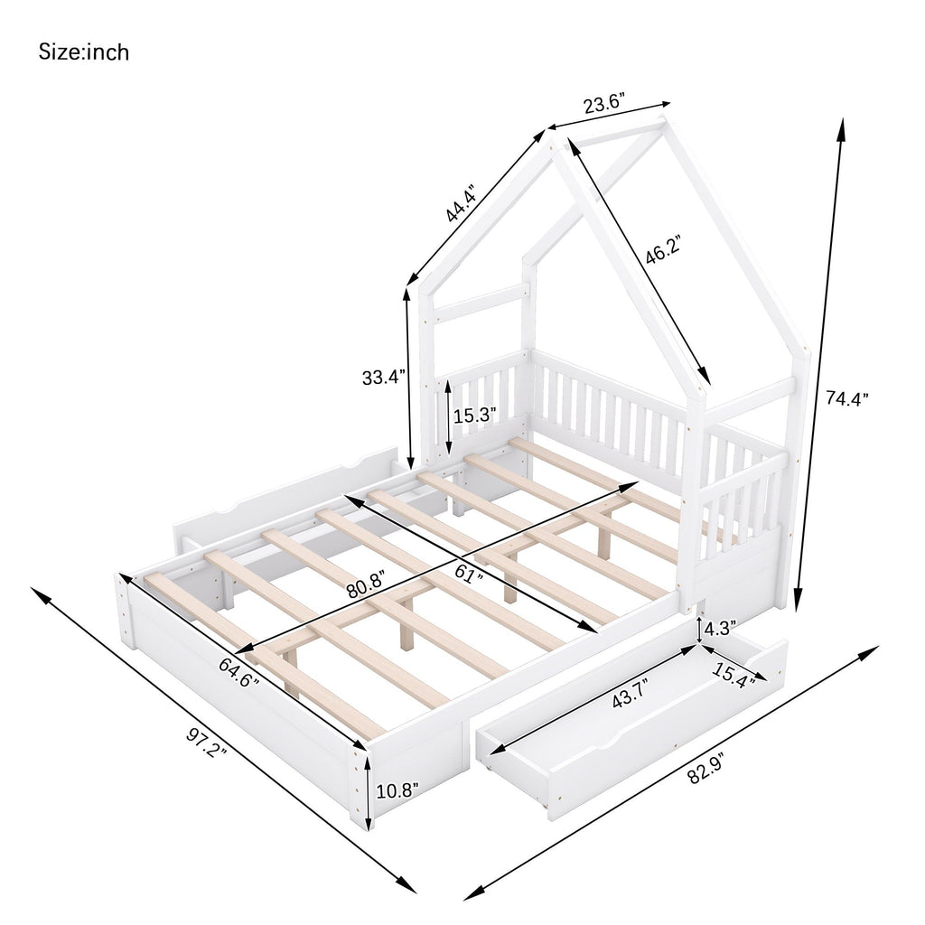 House Style Platform Bed With Guardrail And 2 Drawers