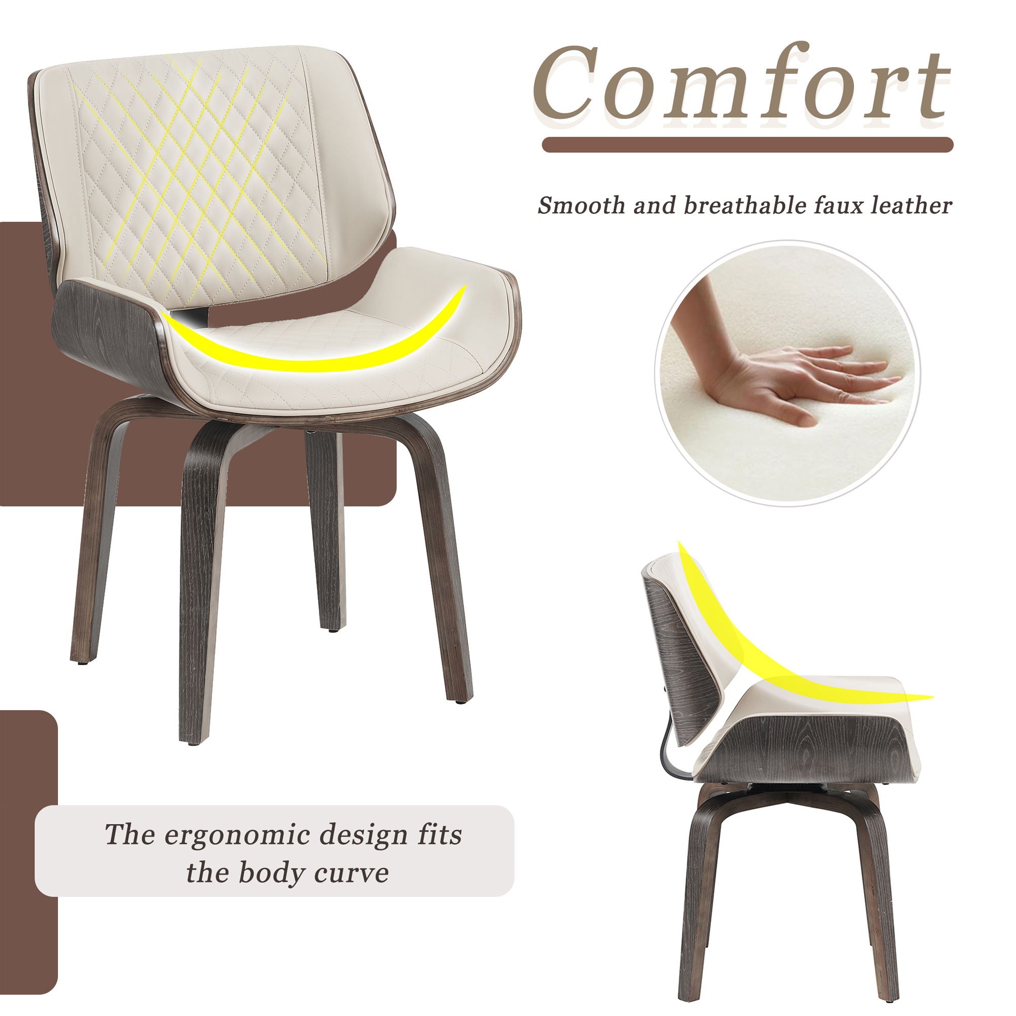 Dining Chair 360° Swivel, Ergonomic Design Upholstery, Bentwood Frame, (Set of 2) - Beige