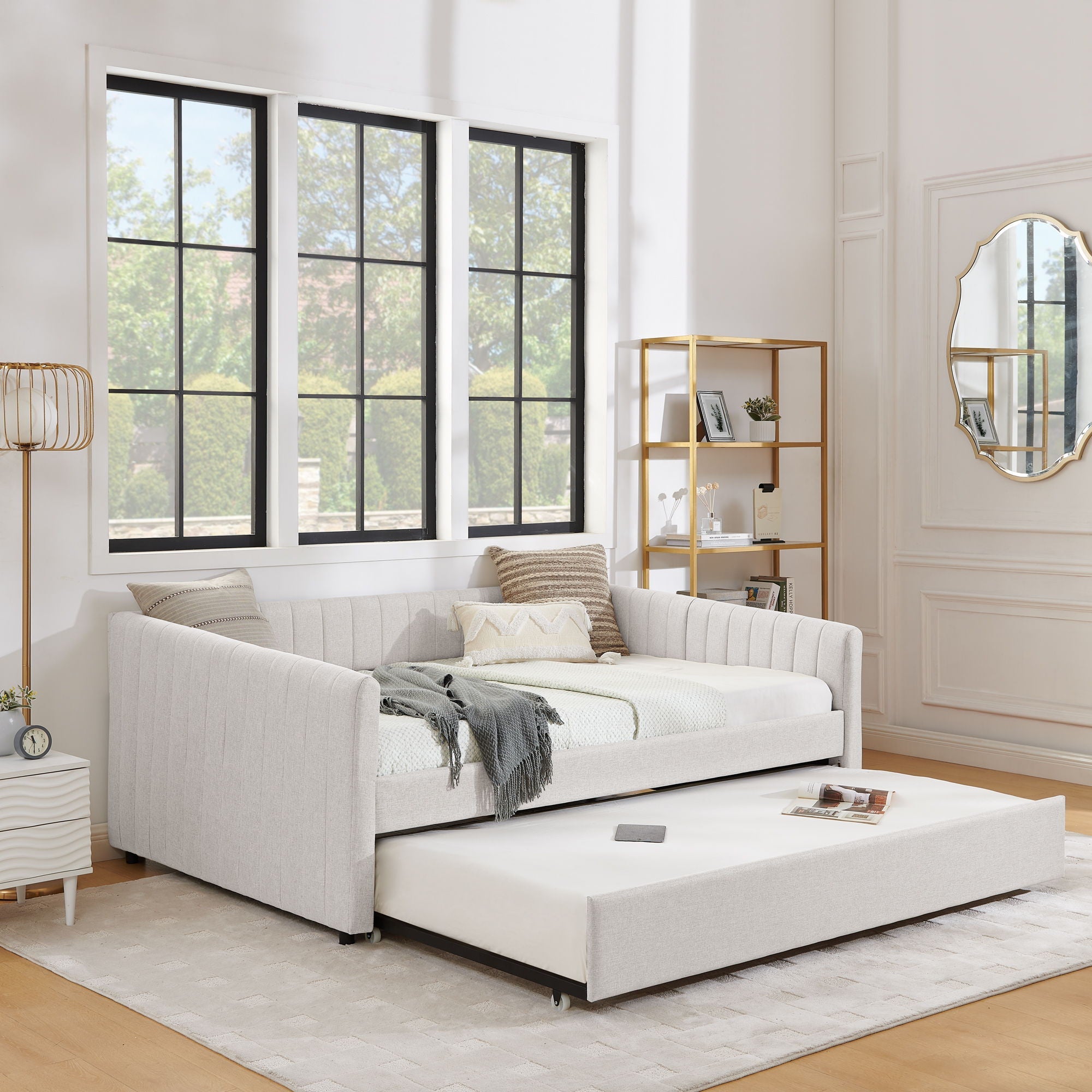 Upholstered Daybed With Trundle With Vertical Stripes