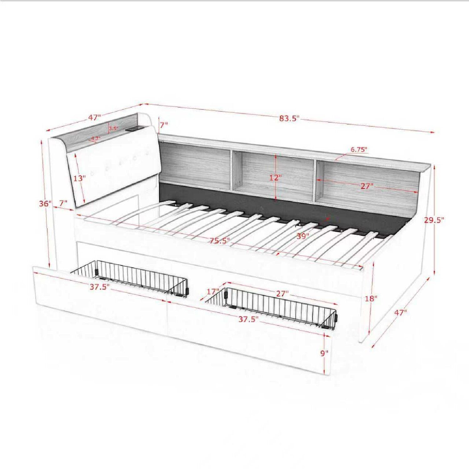 Upholstered Daybed With Storage Headboard, Wireless Charging, LED Lights