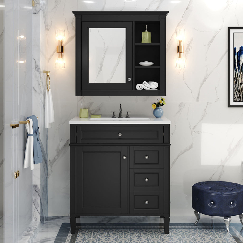 Bathroom Vanity With Top Sink, 2 Doors And 3 Drawers, Freestanding Set With Mirror Cabinet
