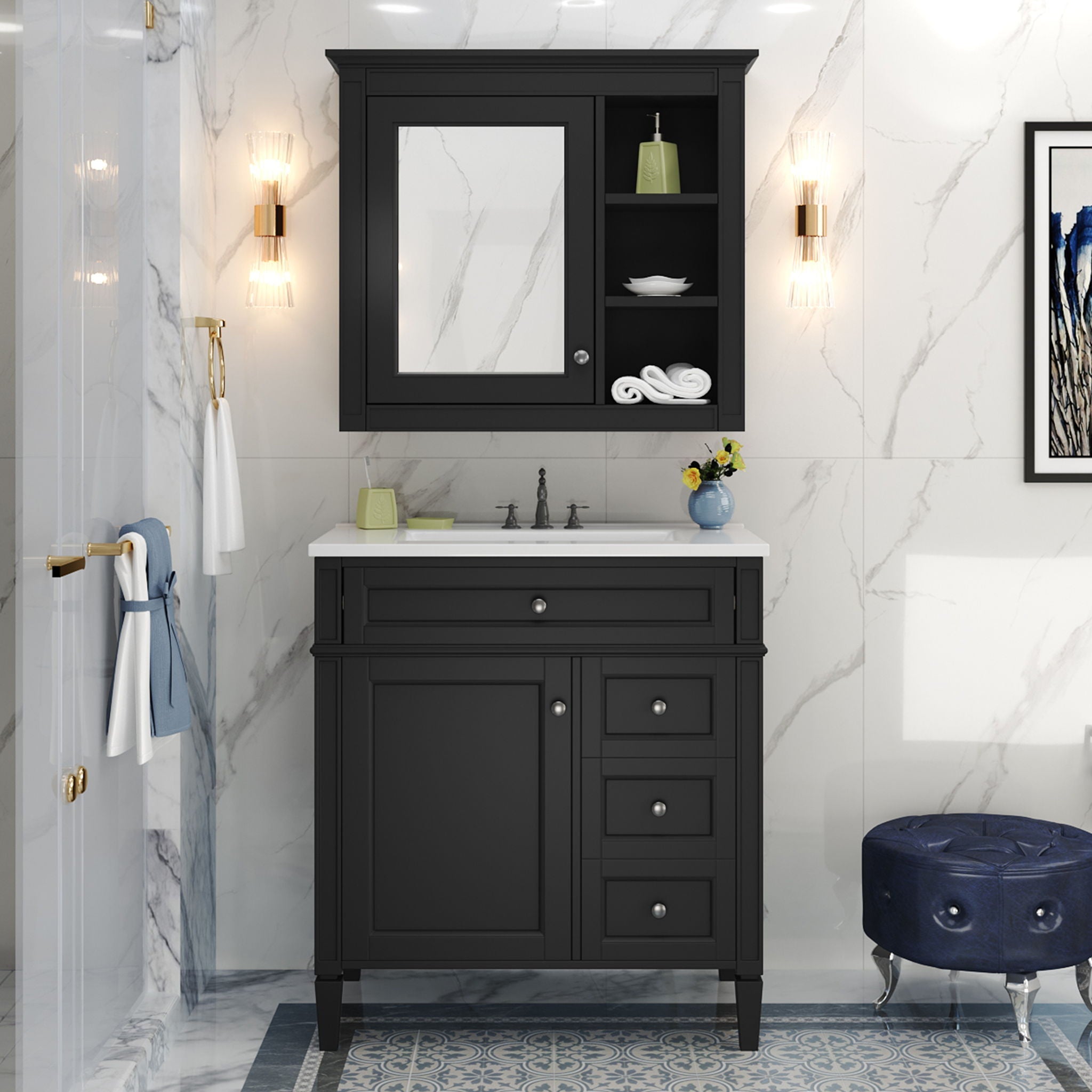 Bathroom Vanity With Top Sink, 2 Doors And 3 Drawers, Freestanding Set With Mirror Cabinet