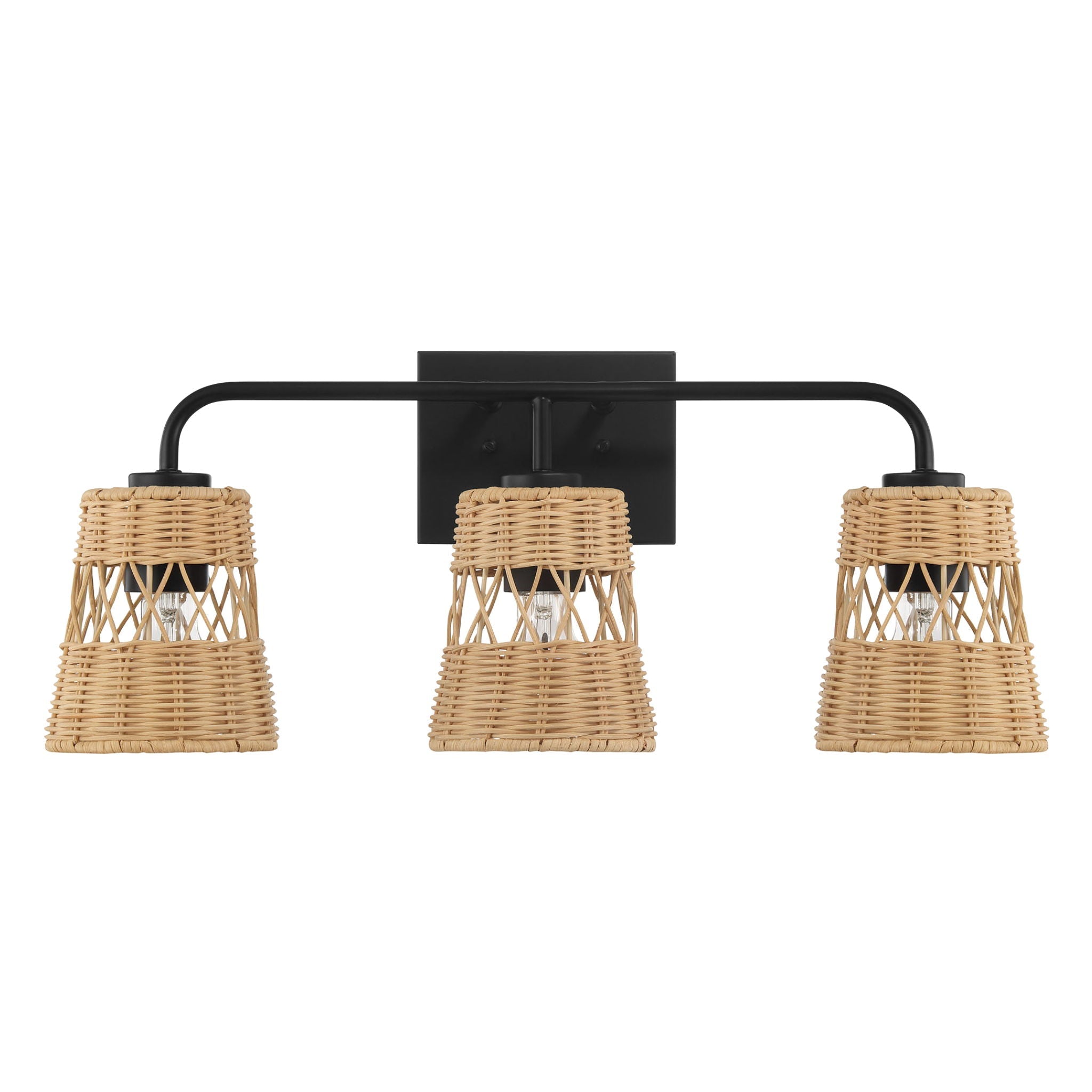 Moonlit - 3 Lights Wall Sconce With Shade, Bathroom Lighting Fixtures Over Mirror - Black / Rattan