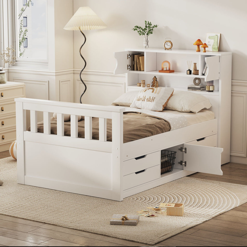 Captain Platform Bed Frame With Storage Bookcases, Shelves, And 4 Drawers