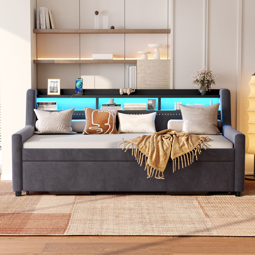 Twin Size Daybed With Trundle With LED Light ＆ Charging Station - Dark Gray