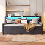 Twin Size Daybed With Trundle With LED Light ＆ Charging Station - Dark Gray