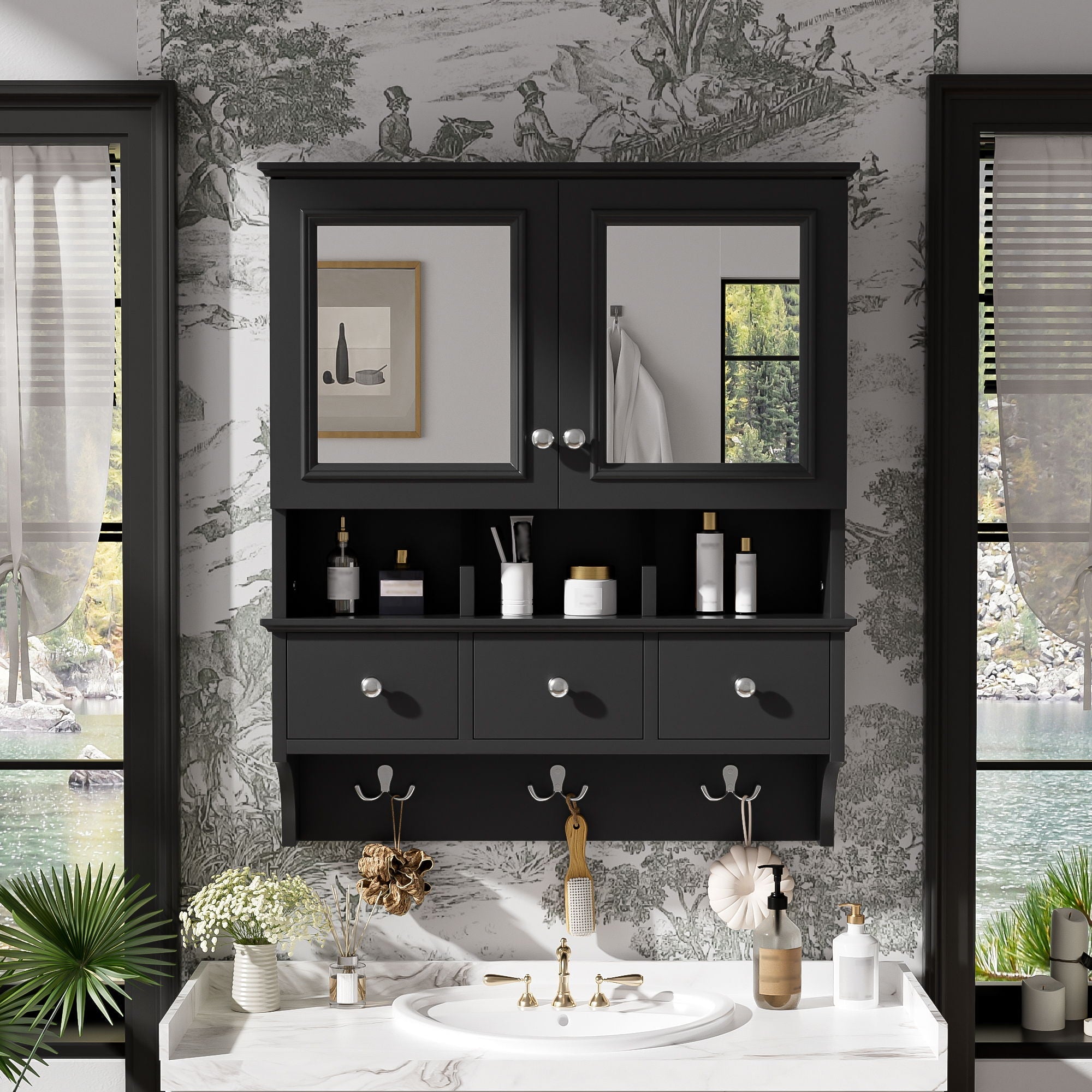 Modern Bathroom Mirror Cabinet With Drawers, Organizer Hooks, And High-Definition Mirrors