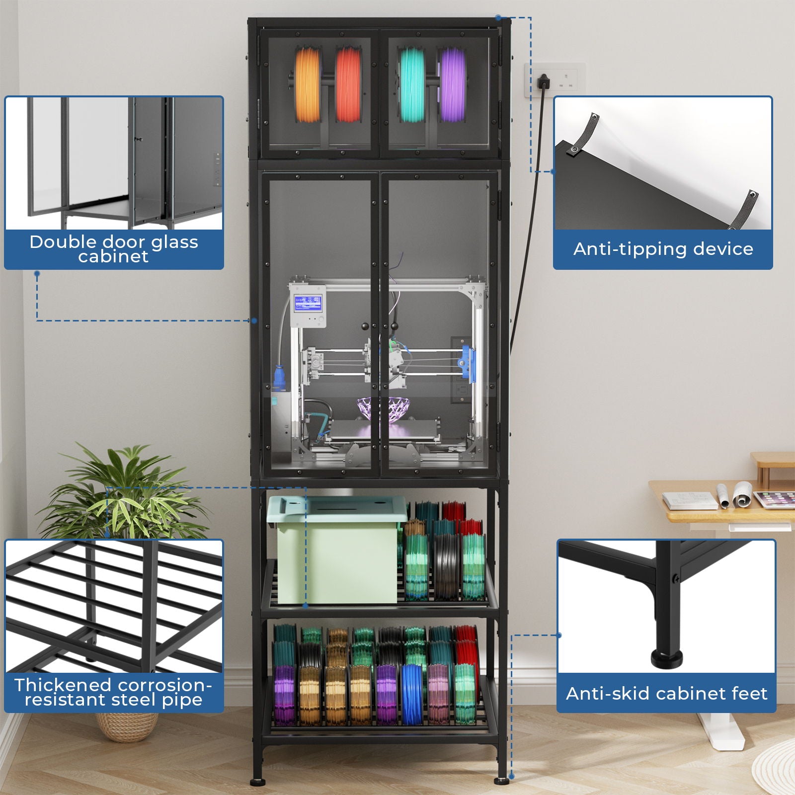 3D Printer Cabinet With Double Layer Filament Storage, T-Shaped Filament Bar, Noise Reducing And Dust Proof Design - Black