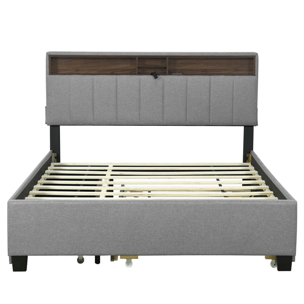 Upholstered Platform Bed With Storage Headboard, Trundle & 2 Drawers And A Set Of Sockets & USB Ports