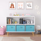 Bookcase With Collapsible Drawers, Book Display Storage Cabinet Organizer - White / Blue