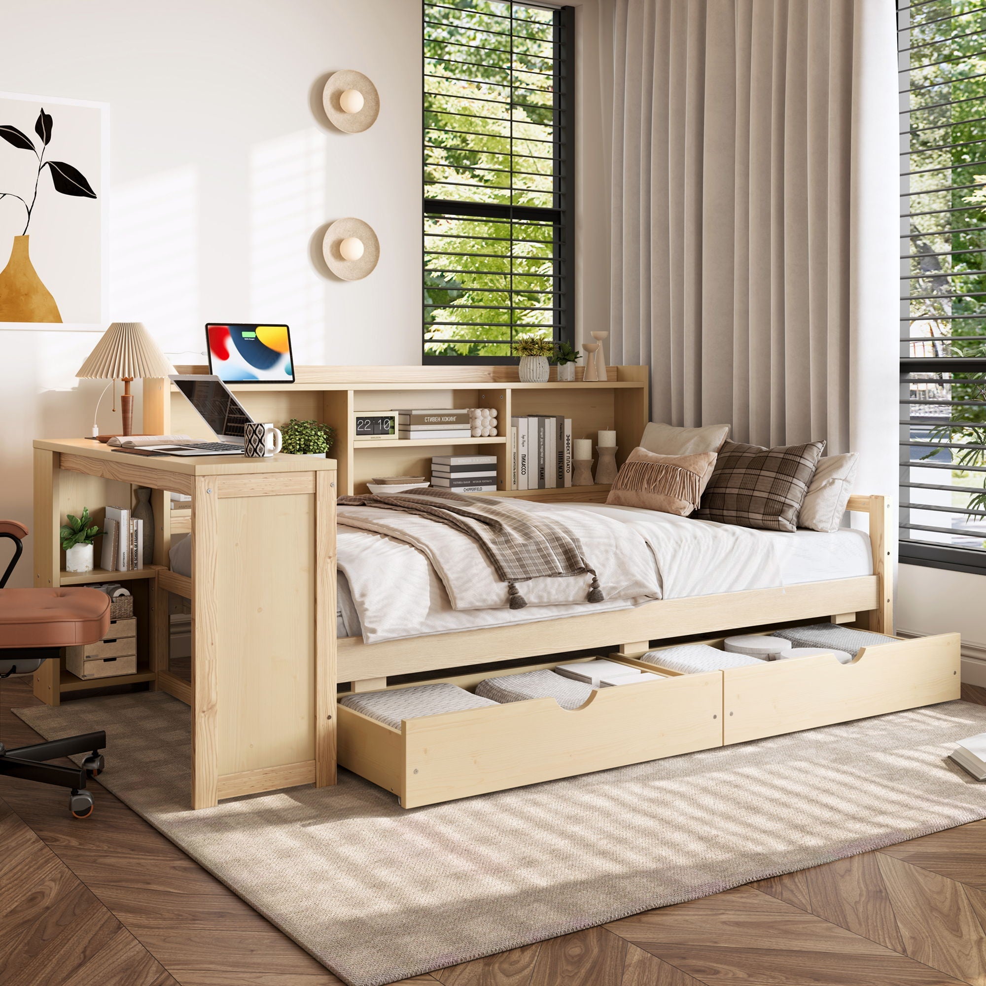 Corner Daybed With Storage Drawers, Desk, Charging Port & Bookcase