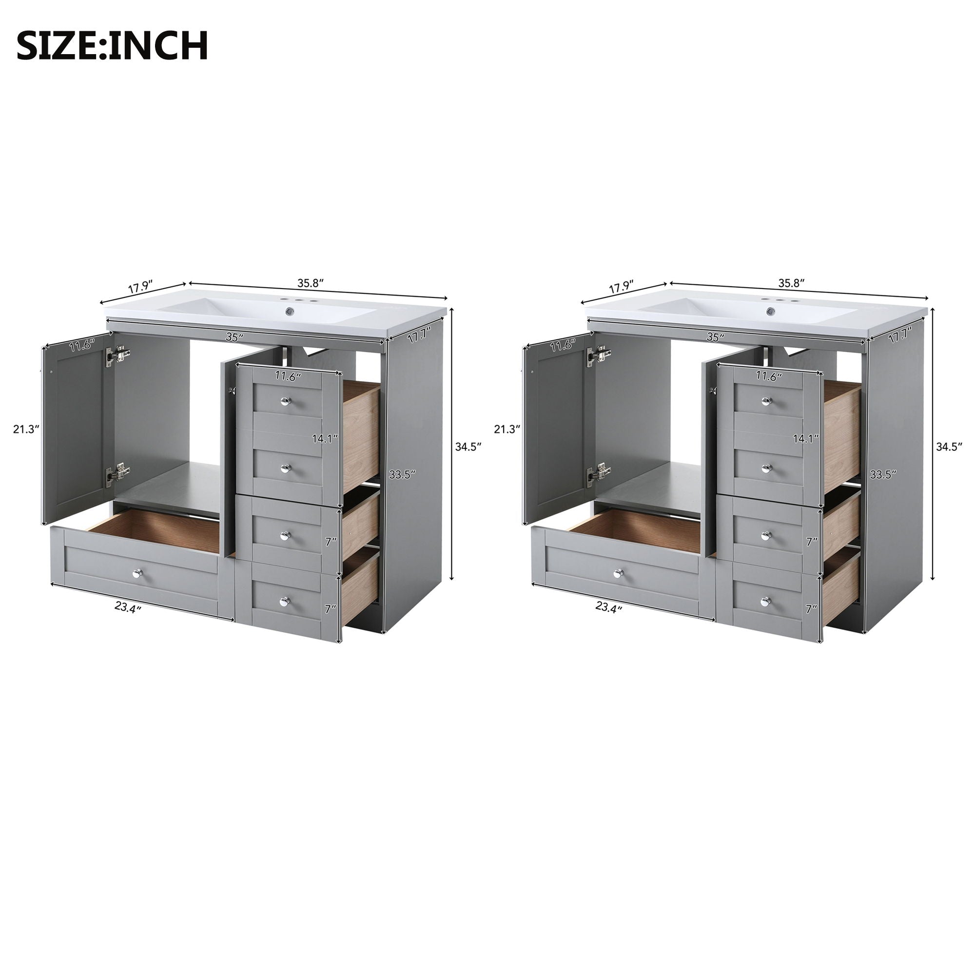 Shaker Free Standing Bathroom Vanity Cabinet & Sink, Soft Close Drawers, Soft Close Doors