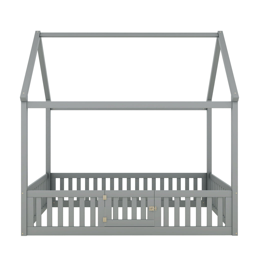 Wood House Bed With Fence And Door