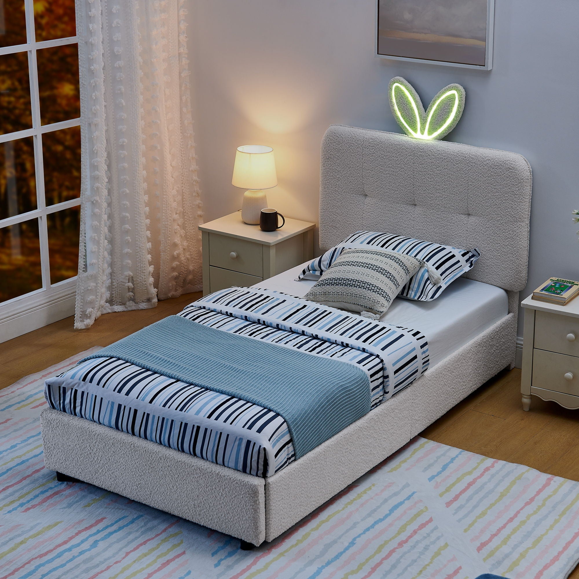 Upholstered Bed With Oversized Rabbit Ear Headboard, LED Lights & 4 Storage Drawers