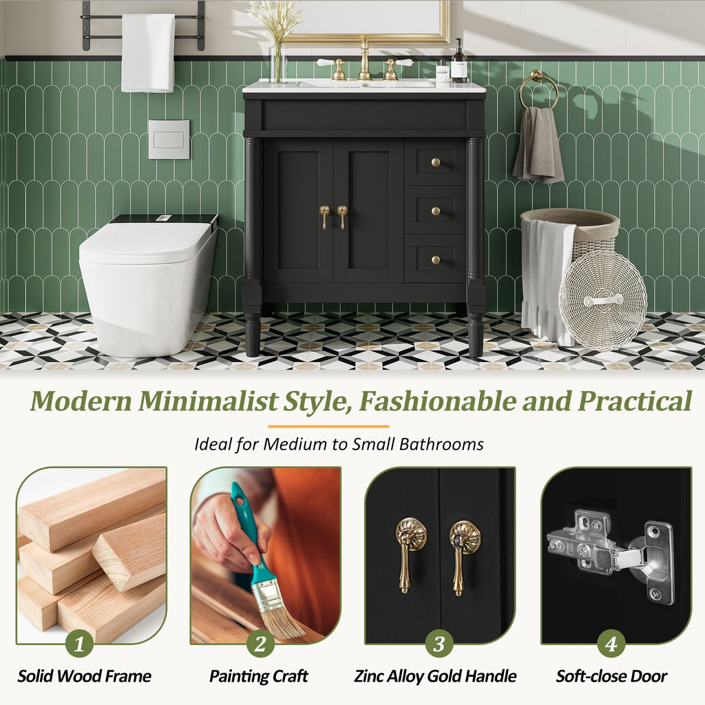 Bathroom Vanity With Ceramic Sink, 2 Doors 3 Drawers, Soft Close Design
