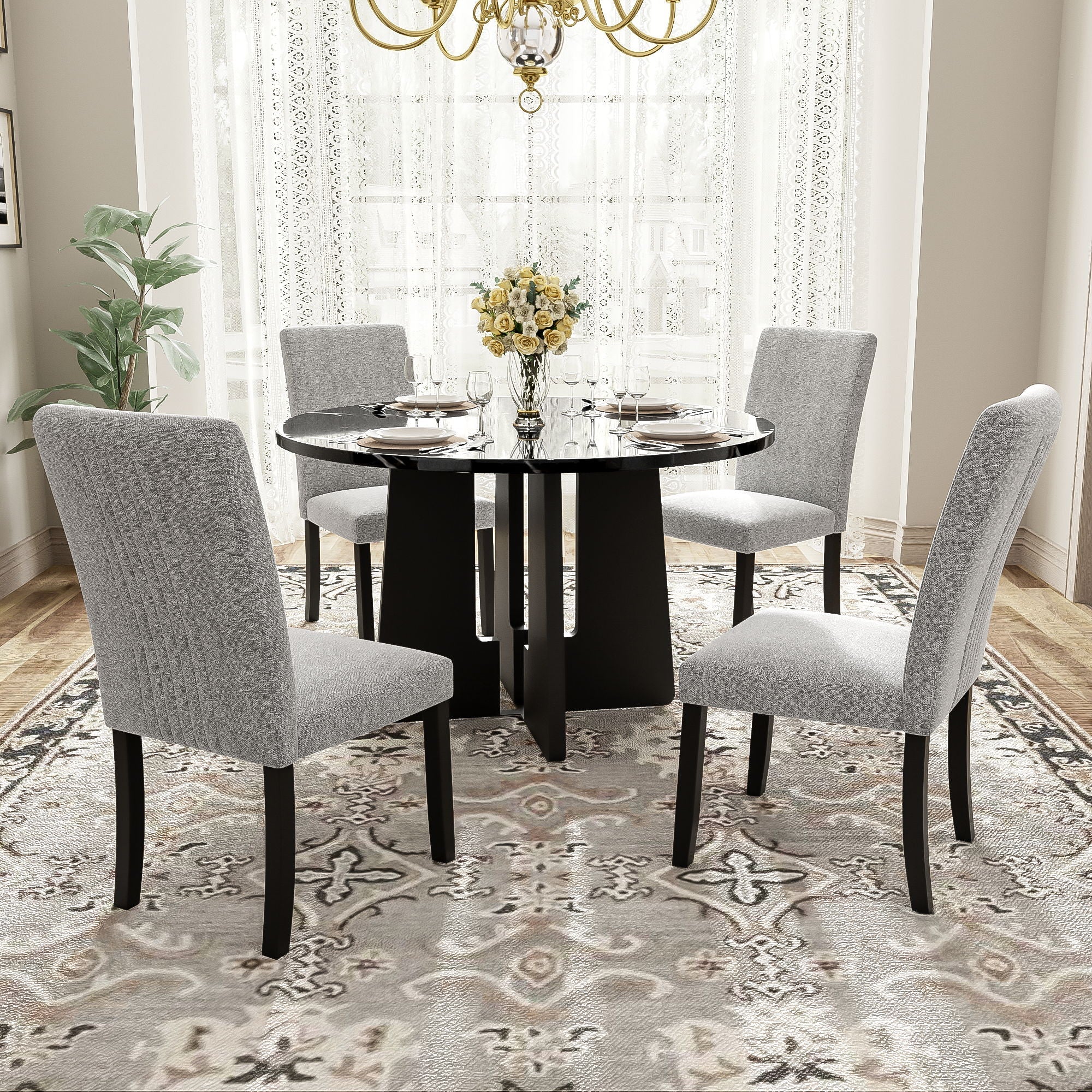 5 Piece Round Dining Table Set, Modern Table And 4 Upholstered Chairs For Dining Room