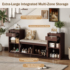 Entryway Storage Bench With Cushion, Drawers & Open Shelves