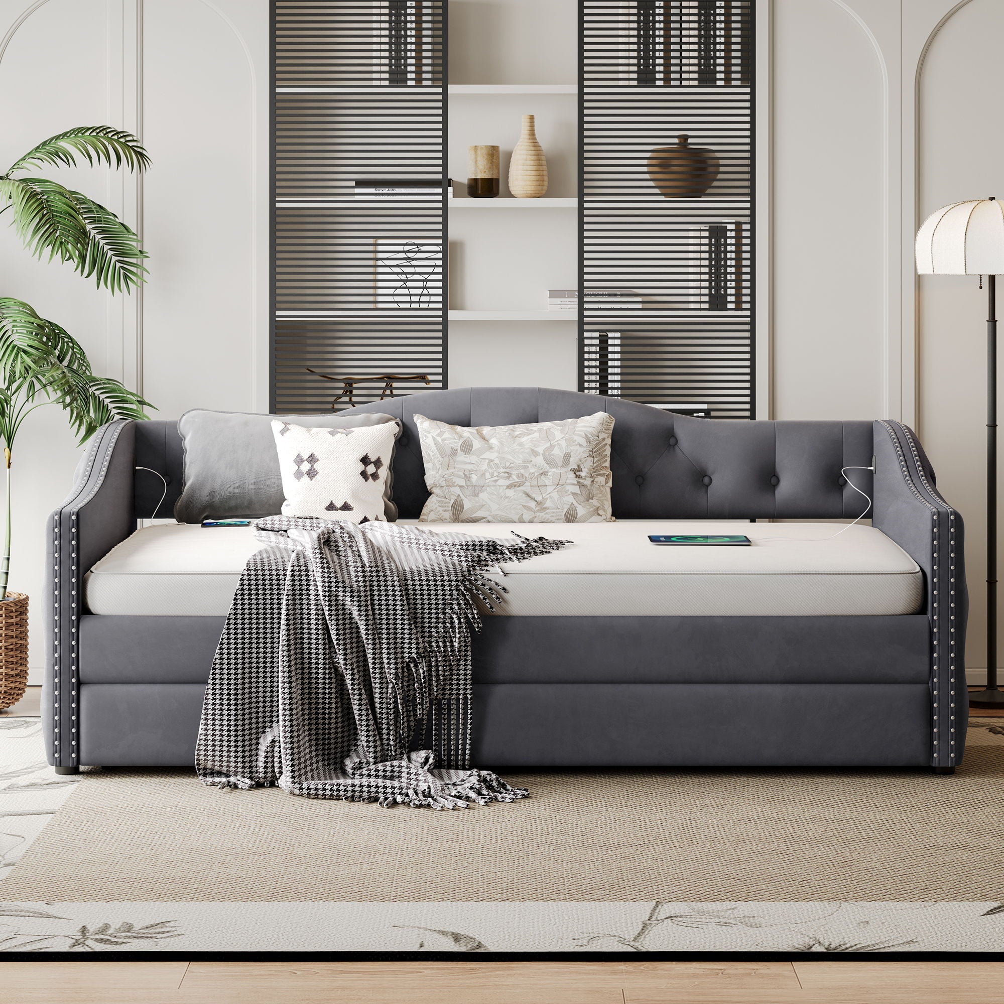 Twin Size Upholstered Daybed With Trundle And USB Charging Design For Bedroom - Gray