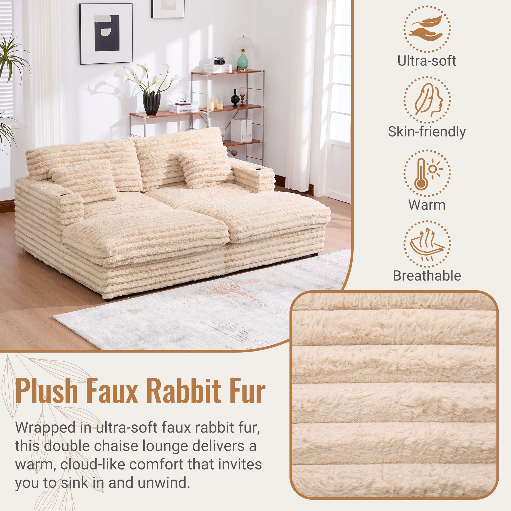Oversized Double Chaise Lounge Sofa Bed With USB Ports And Cup Holders