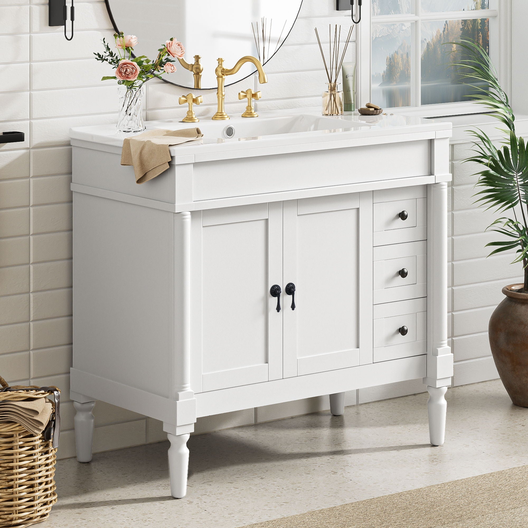 Bathroom Vanity With Ceramic Sink, 2 Doors 3 Drawers, Soft Close Design