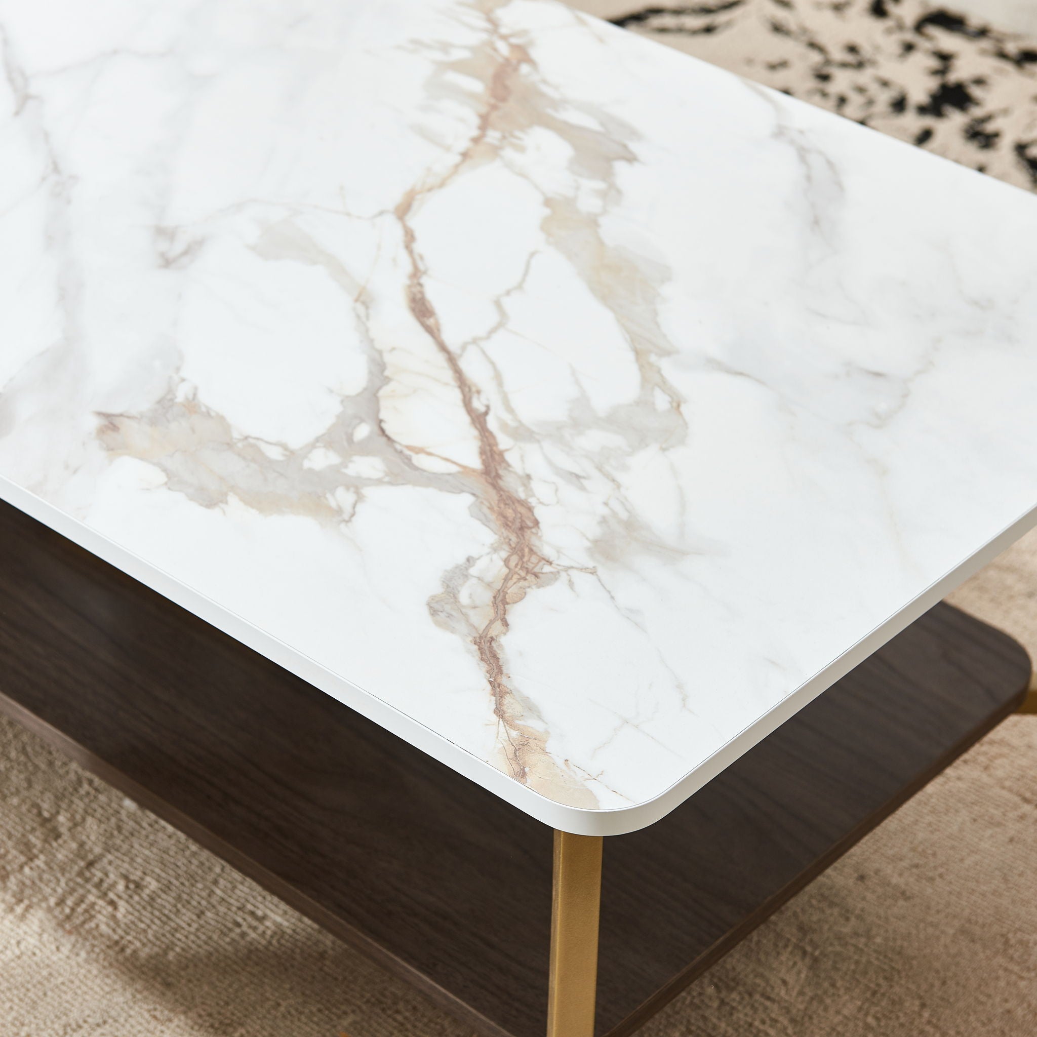 Coffee Table Rectangular Center Table For Living Room Open Space Side Table With Metal Frame - Golden / White