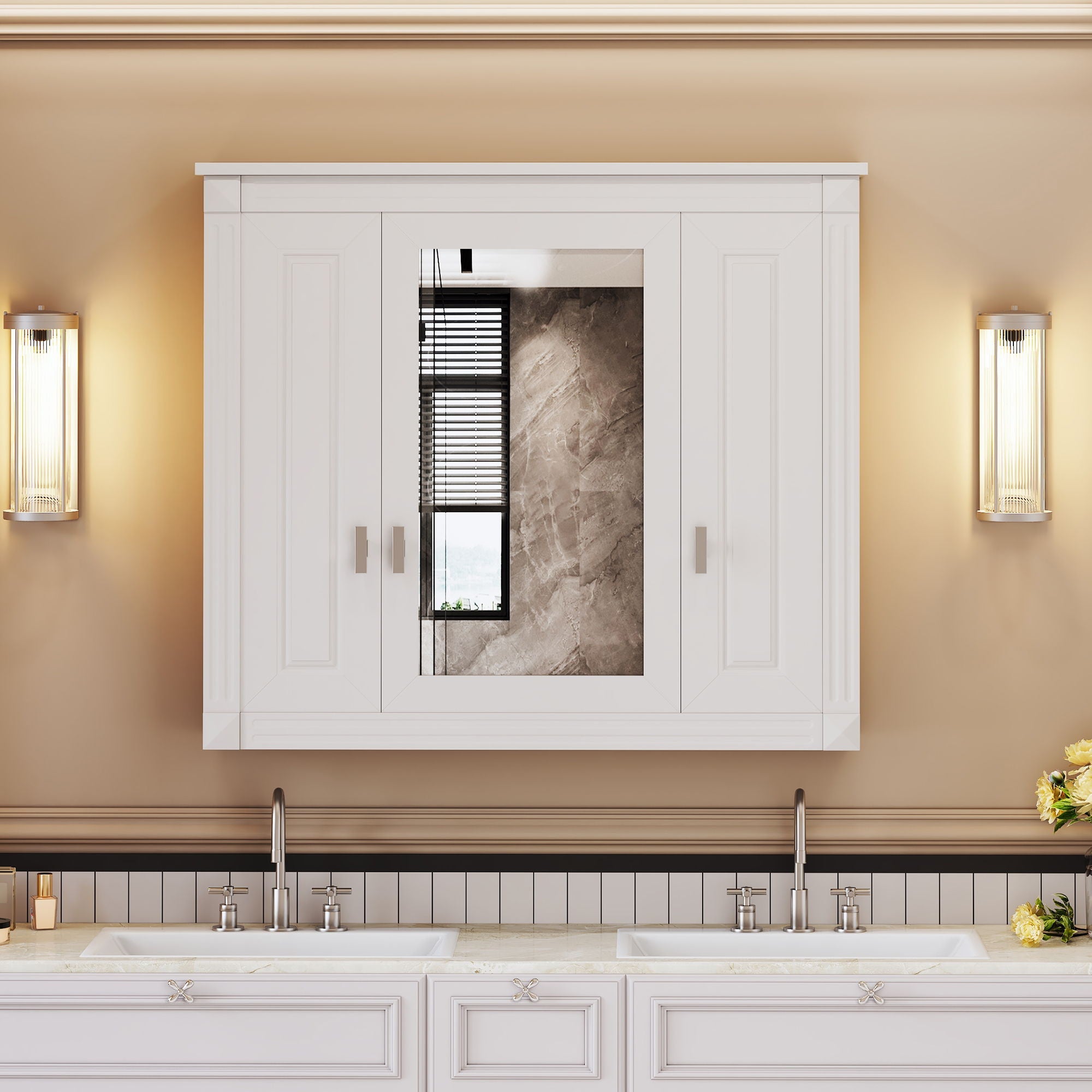 Wall Mounted Bathroom Cabinet With Mirror And 5 Shelves, Rectangular Design