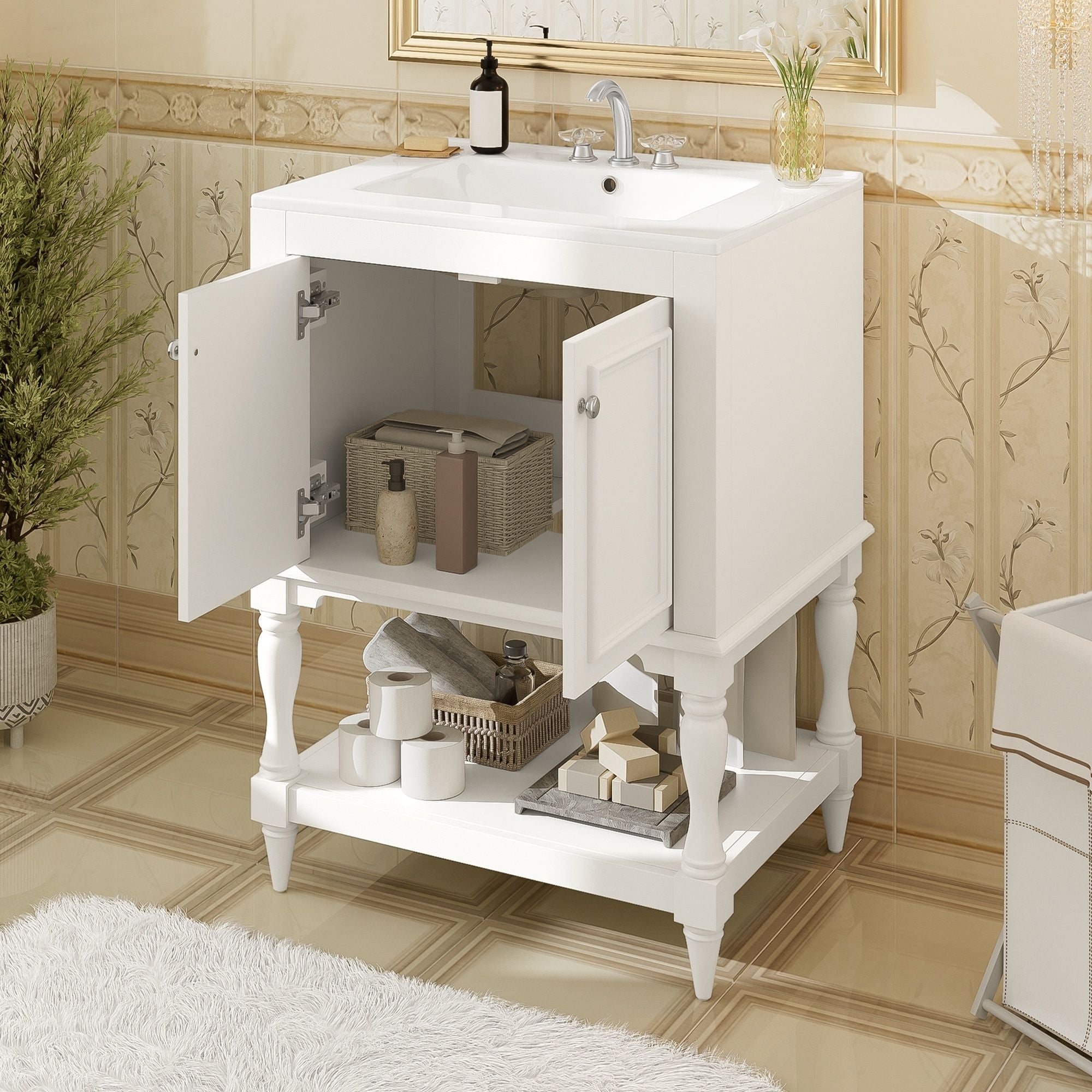 Modern Bathroom Vanity With Sink, Rectangular Cabinet With Open Shelf And Closed Storage