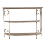 3 Tiered Wooden Shelving Unit With Ornate Iron Frame - Multicolor