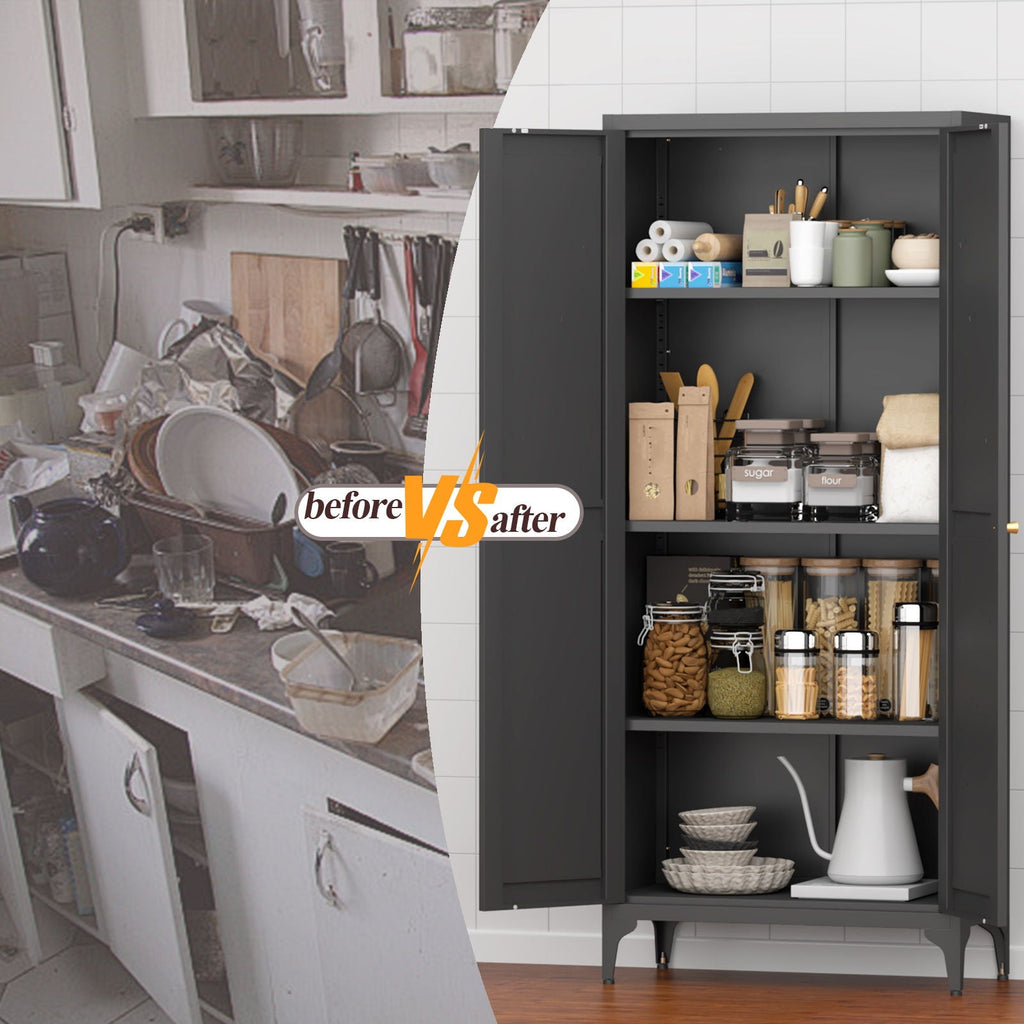 Adjustable 2 Door Kitchen Pantry Cabinet With Striped Design