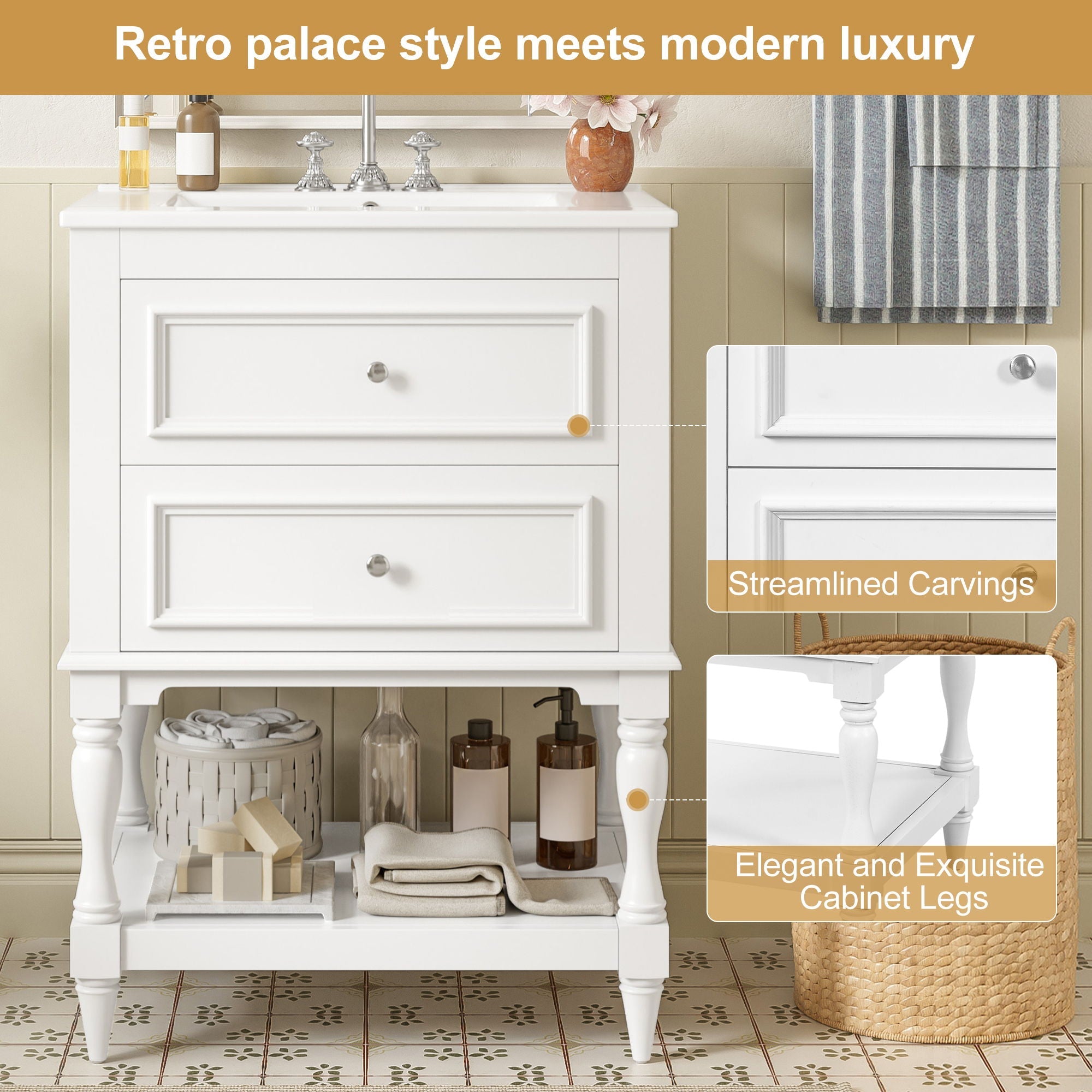 Bathroom Vanity With Sink, 2 Drawers Storage Cabinet, Open Shelf