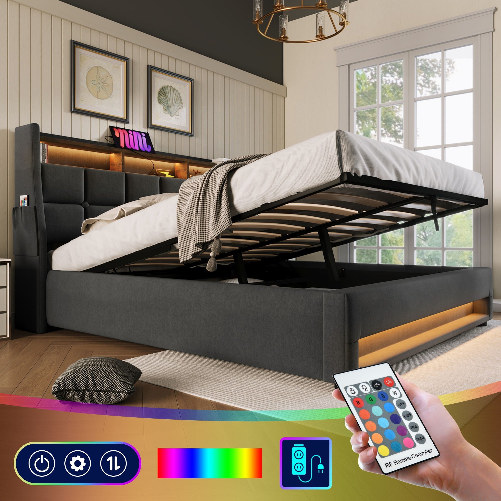 Upholstered Platform Bed With A Hydraulic Storage System, LED And USB Charging (Without Mattress)